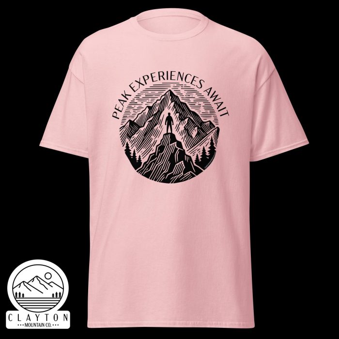 Clayton Mountain Co. - Clayton, GA - Peak Experiences Await T-Shirt - Hiking Adventure Tee - Unisex Classic Tee Light Pink Front 