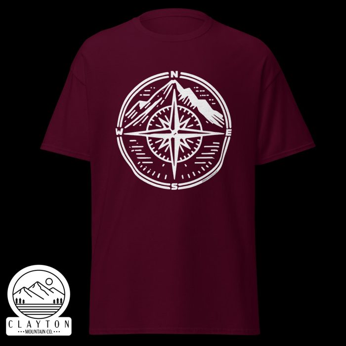 Clayton Mountain Co. - Clayton, GA - Adventure Awaits Compass Tee – Navigate Your Journey - Unisex Classic Tee Maroon Front 