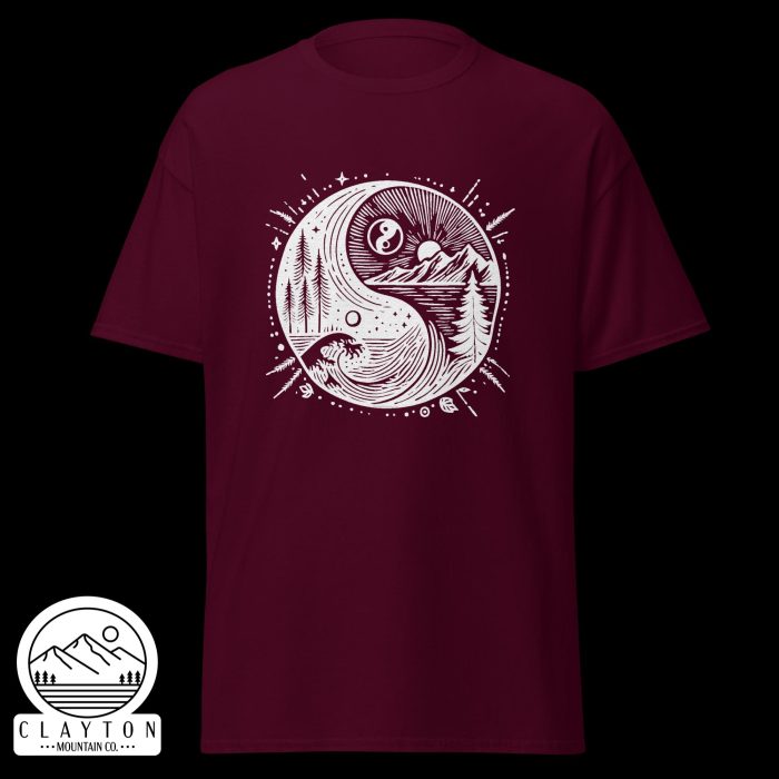 Clayton Mountain Co. - Clayton, GA - Yin With Nature T-Shirt - Unisex Classic Tee Maroon Front