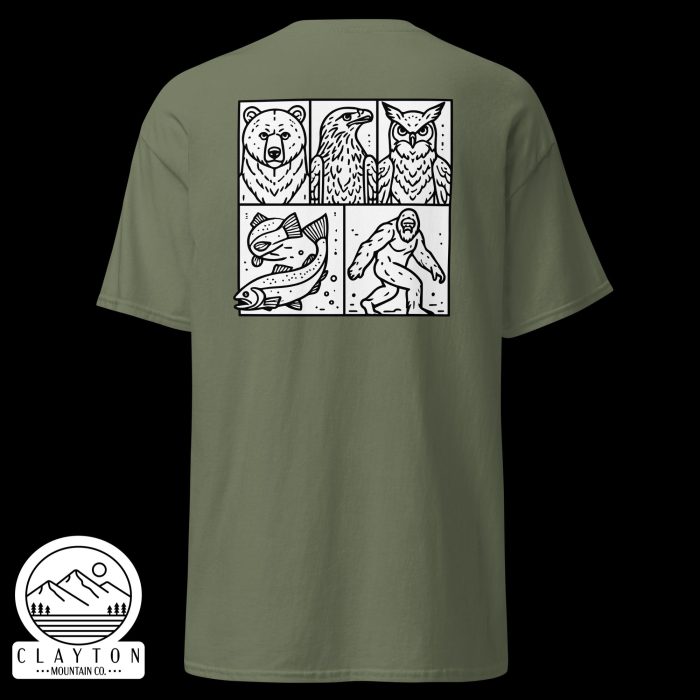 Clayton Mountain Co. - Clayton, GA - Wildlife & Mythology T-Shirt | North Georgia Adventure Design - Unisex Classic Tee Military Green Back 