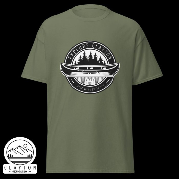 Clayton Mountain Co. - Clayton, GA - Explore Clayton Canoe T-Shirt – Nature-Inspired Adventure Tee for Outdoor Lovers - Unisex Classic Tee Military Green Front 