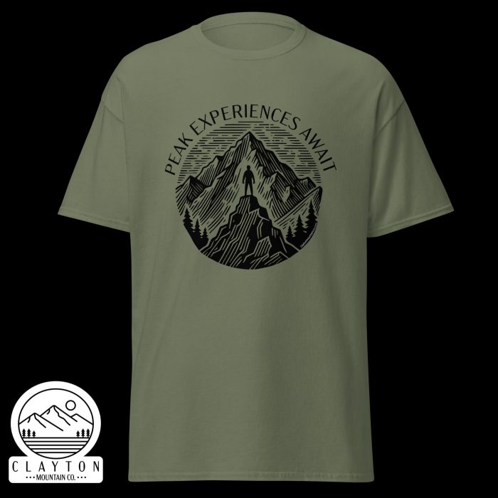 Clayton Mountain Co. - Clayton, GA - Peak Experiences Await T-Shirt - Hiking Adventure Tee - Unisex Classic Tee Military Green Front 