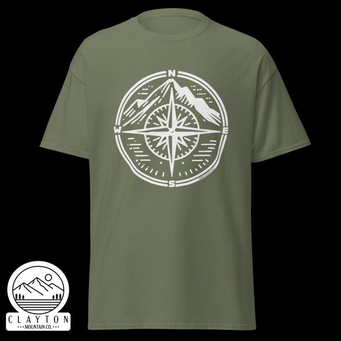 Clayton Mountain Co. - Clayton, GA - Adventure Awaits Compass Tee – Navigate Your Journey - Unisex Classic Tee Military Green Front 