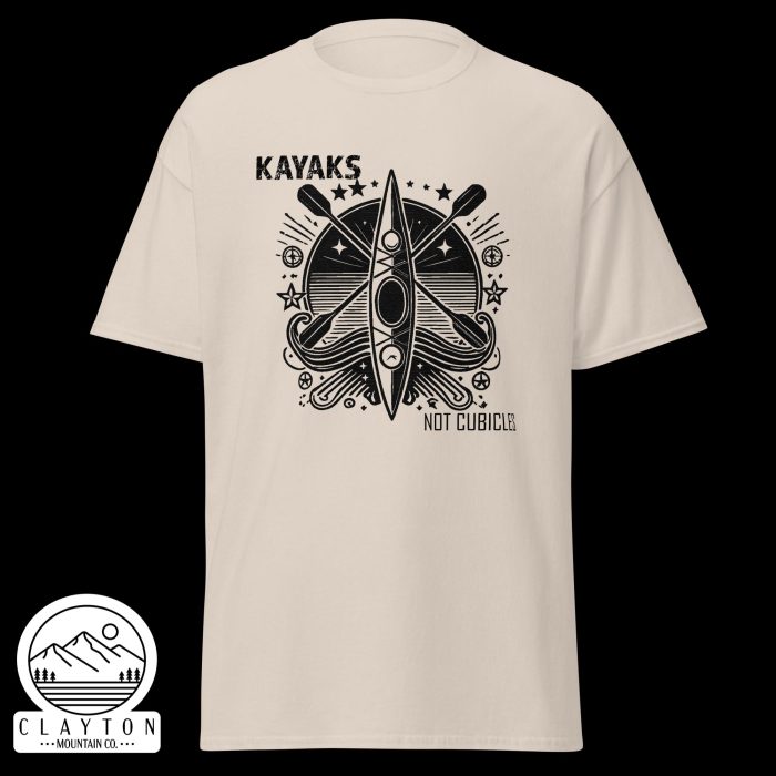 Clayton Mountain Co. - Clayton, GA - Kayaks, Not Cubicles T-Shirt - Bold Kayak Adventure Tee - Unisex Classic Tee Natural Front 