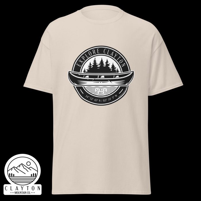 Clayton Mountain Co. - Clayton, GA - Explore Clayton Canoe T-Shirt – Nature-Inspired Adventure Tee for Outdoor Lovers - Unisex Classic Tee Natural Front 