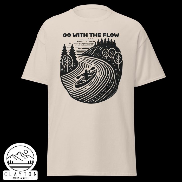 Clayton Mountain Co. - Clayton, GA - Go With The Flow T-Shirt - Kayak Adventure Tee - Unisex Classic Tee Natural Front 