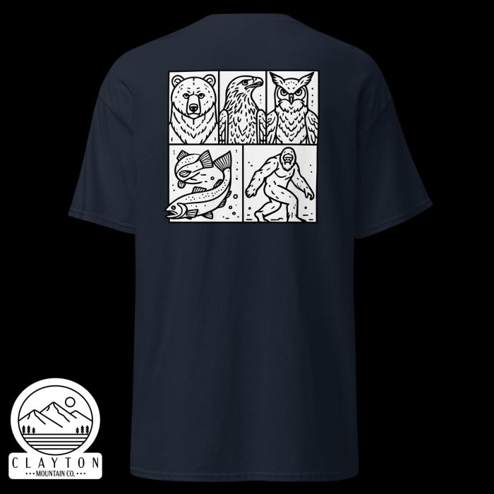 Clayton Mountain Co. - Clayton, GA - Wildlife & Mythology T-Shirt | North Georgia Adventure Design - Unisex Classic Tee Navy Back 