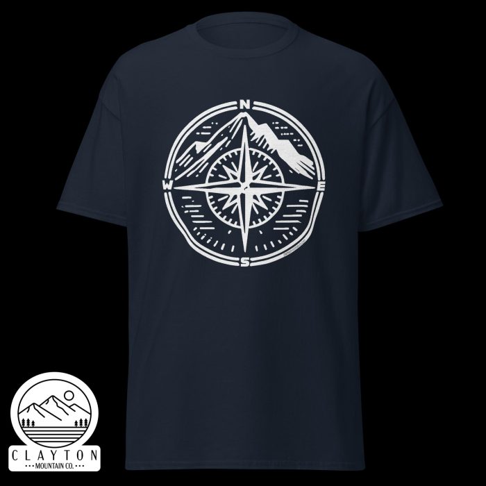 Clayton Mountain Co. - Clayton, GA - Adventure Awaits Compass Tee – Navigate Your Journey - Unisex Classic Tee Navy Front 