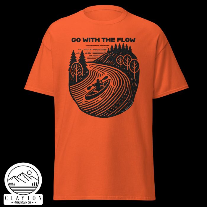 Clayton Mountain Co. - Clayton, GA - Go With The Flow T-Shirt - Kayak Adventure Tee - Unisex Classic Tee Orange Front 