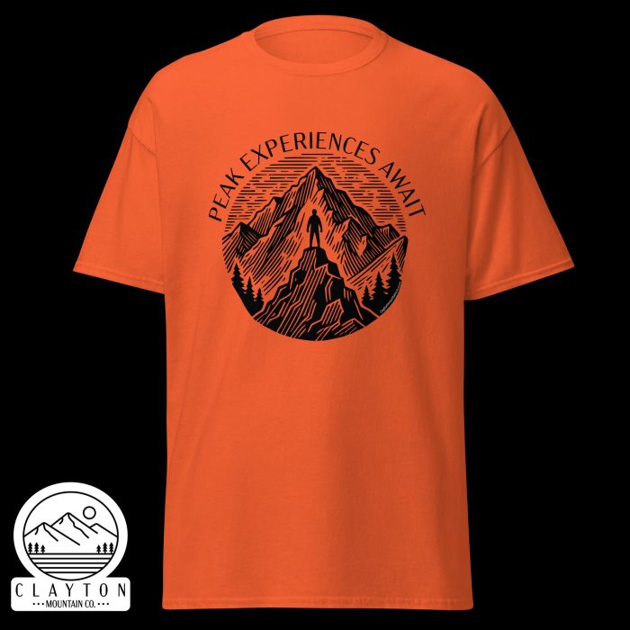 Clayton Mountain Co. - Clayton, GA - Peak Experiences Await T-Shirt - Hiking Adventure Tee - Unisex Classic Tee Orange Front 