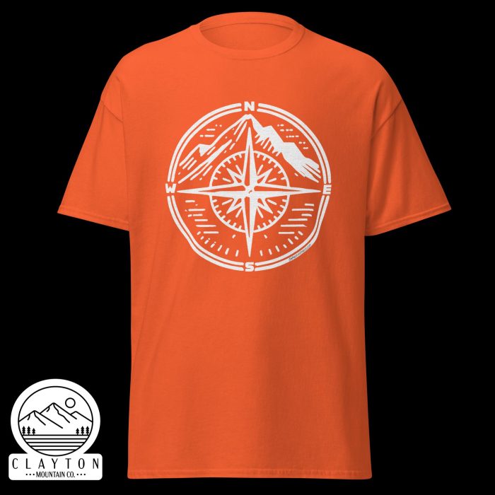 Clayton Mountain Co. - Clayton, GA - Adventure Awaits Compass Tee – Navigate Your Journey - Unisex Classic Tee Orange Front 