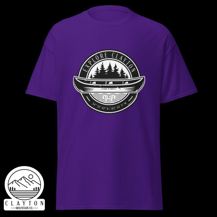 Clayton Mountain Co. - Clayton, GA - Explore Clayton Canoe T-Shirt – Nature-Inspired Adventure Tee for Outdoor Lovers - Unisex Classic Tee Purple Front 