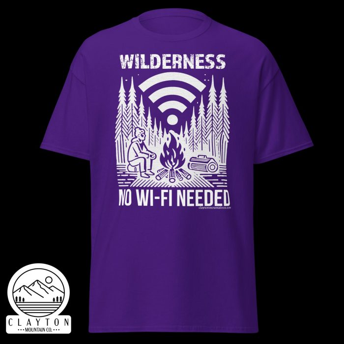 Clayton Mountain Co. - Clayton, GA - Wilderness: No Wi-Fi Needed T-Shirt - Camping Adventure Tee - Unisex Classic Tee Purple Front 