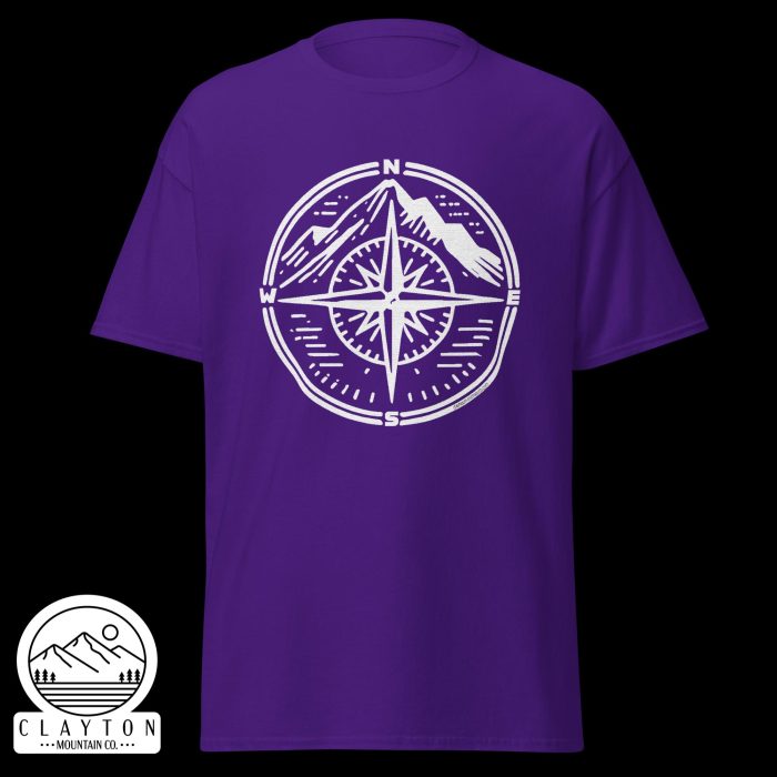 Clayton Mountain Co. - Clayton, GA - Adventure Awaits Compass Tee – Navigate Your Journey - Unisex Classic Tee Purple Front 