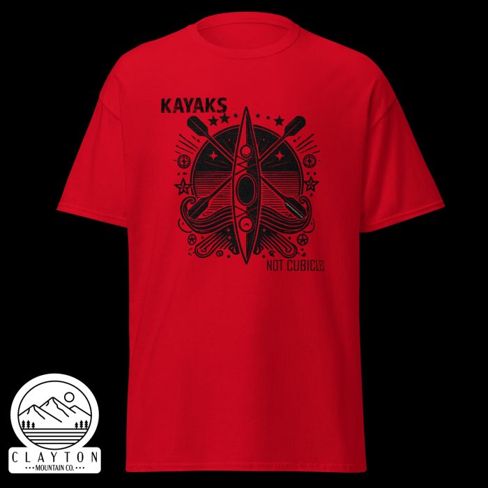 Clayton Mountain Co. - Clayton, GA - Kayaks, Not Cubicles T-Shirt - Bold Kayak Adventure Tee - Unisex Classic Tee Red Front 