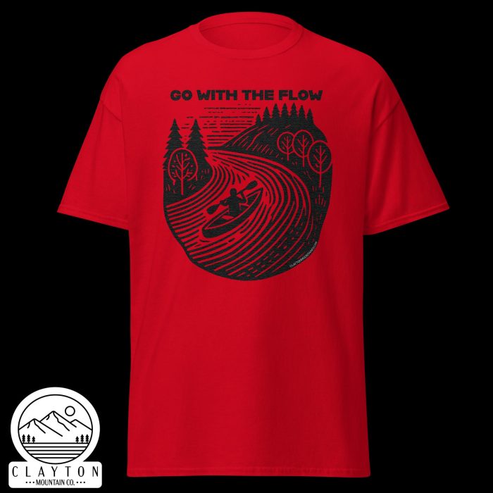 Clayton Mountain Co. - Clayton, GA - Go With The Flow T-Shirt - Kayak Adventure Tee - Unisex Classic Tee Red Front 