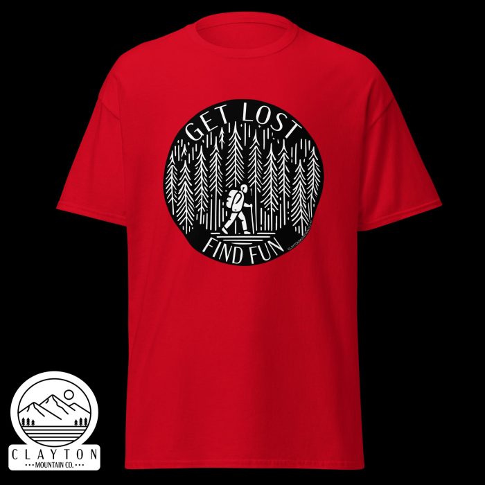 Clayton Mountain Co. - Clayton, GA - Get Lost, Find Fun T-Shirt - Hiking Adventure Shirt - Unisex Classic Tee Red Front 