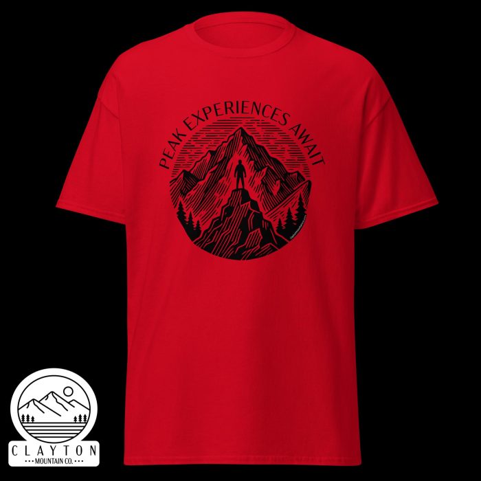 Clayton Mountain Co. - Clayton, GA - Peak Experiences Await T-Shirt - Hiking Adventure Tee - Unisex Classic Tee Red Front 