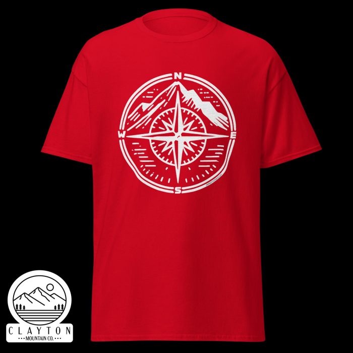 Clayton Mountain Co. - Clayton, GA - Adventure Awaits Compass Tee – Navigate Your Journey - Unisex Classic Tee Red Front 