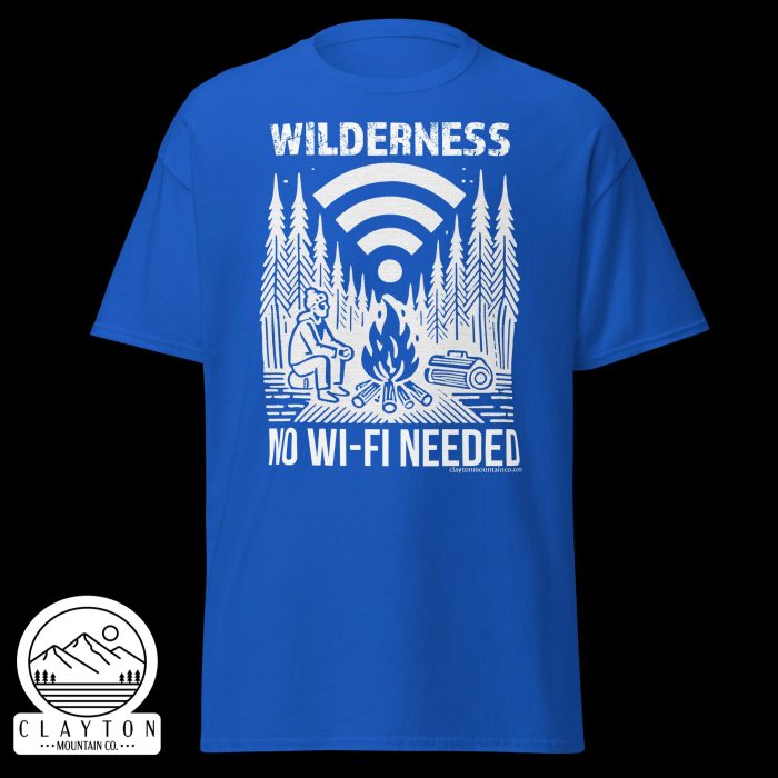 Clayton Mountain Co. - Clayton, GA - Wilderness: No Wi-Fi Needed T-Shirt - Camping Adventure Tee - Unisex Classic Tee Royal Front 