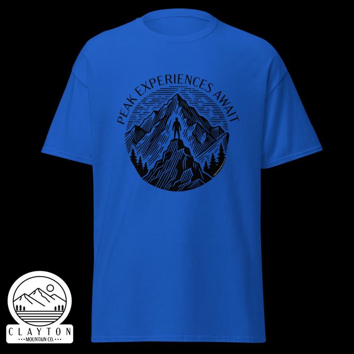 Clayton Mountain Co. - Clayton, GA - Peak Experiences Await T-Shirt - Hiking Adventure Tee - Unisex Classic Tee Royal Front 