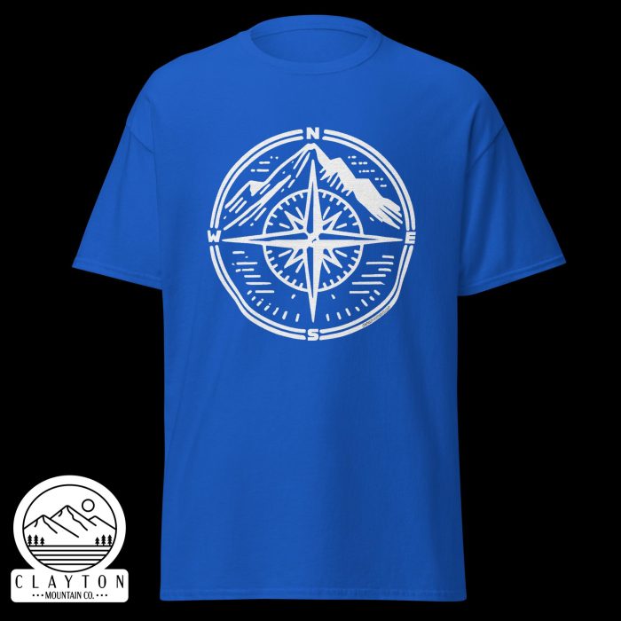 Clayton Mountain Co. - Clayton, GA - Adventure Awaits Compass Tee – Navigate Your Journey - Unisex Classic Tee Royal Front 