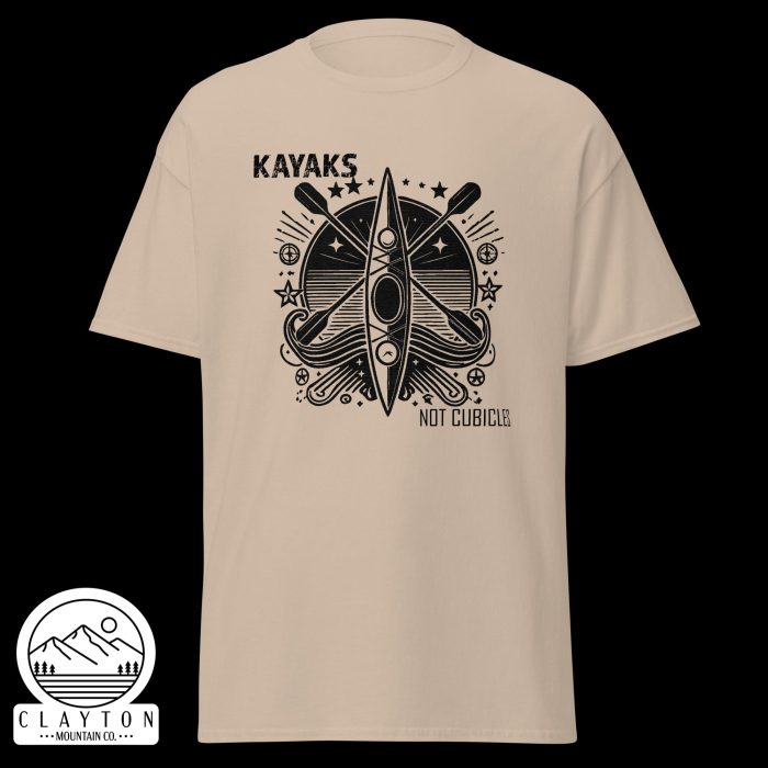 Clayton Mountain Co. - Clayton, GA - Kayaks, Not Cubicles T-Shirt - Bold Kayak Adventure Tee - Unisex Classic Tee Sand Front 