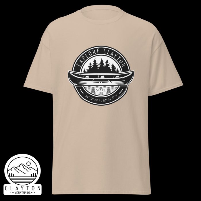 Clayton Mountain Co. - Clayton, GA - Explore Clayton Canoe T-Shirt – Nature-Inspired Adventure Tee for Outdoor Lovers - Unisex Classic Tee Sand Front 