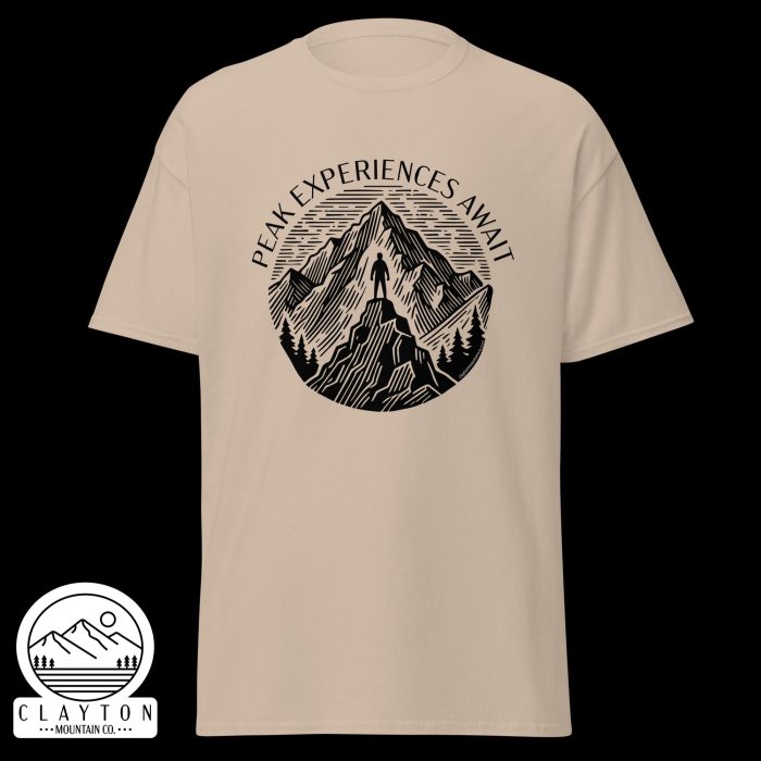 Clayton Mountain Co. - Clayton, GA - Peak Experiences Await T-Shirt - Hiking Adventure Tee - Unisex Classic Tee Sand Front 