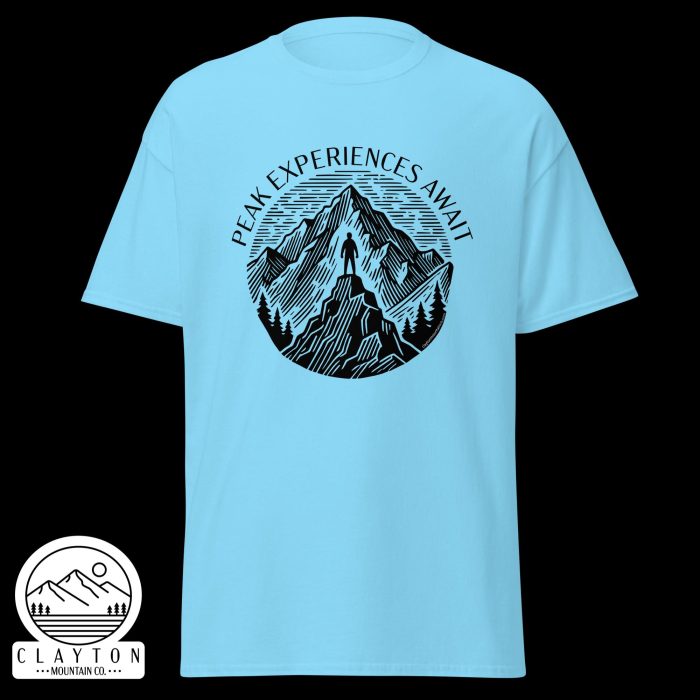 Clayton Mountain Co. - Clayton, GA - Peak Experiences Await T-Shirt - Hiking Adventure Tee - Unisex Classic Tee Sky Front 