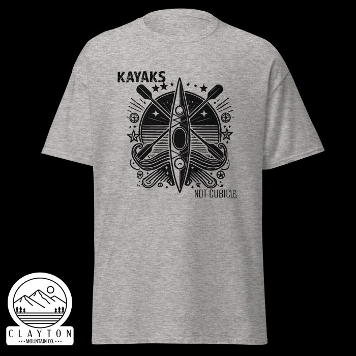 Clayton Mountain Co. - Clayton, GA - Kayaks, Not Cubicles T-Shirt - Bold Kayak Adventure Tee - Unisex Classic Tee Sport Grey Front 