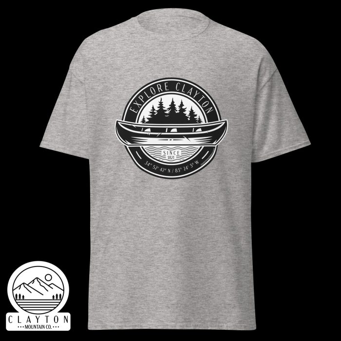 Clayton Mountain Co. - Clayton, GA - Explore Clayton Canoe T-Shirt – Nature-Inspired Adventure Tee for Outdoor Lovers - Unisex Classic Tee Sport Grey Front 