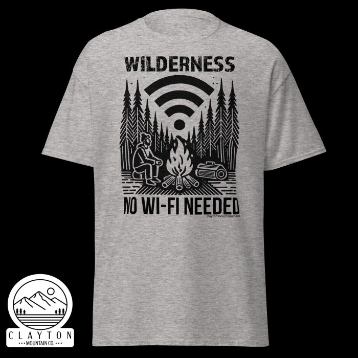 Clayton Mountain Co. - Clayton, GA - Wilderness: No Wi-Fi Needed T-Shirt - Camping Adventure Tee - Unisex Classic Tee Sport Grey Front 