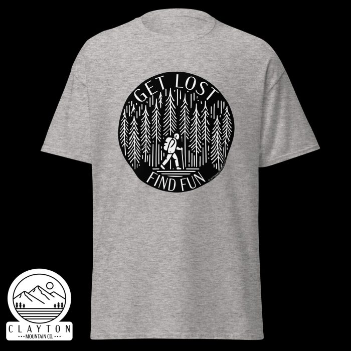 Clayton Mountain Co. - Clayton, GA - Get Lost, Find Fun T-Shirt - Hiking Adventure Shirt - Unisex Classic Tee Sport Grey Front 