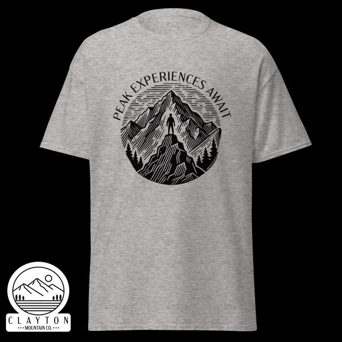 Clayton Mountain Co. - Clayton, GA - Peak Experiences Await T-Shirt - Hiking Adventure Tee - Unisex Classic Tee Sport Grey Front 