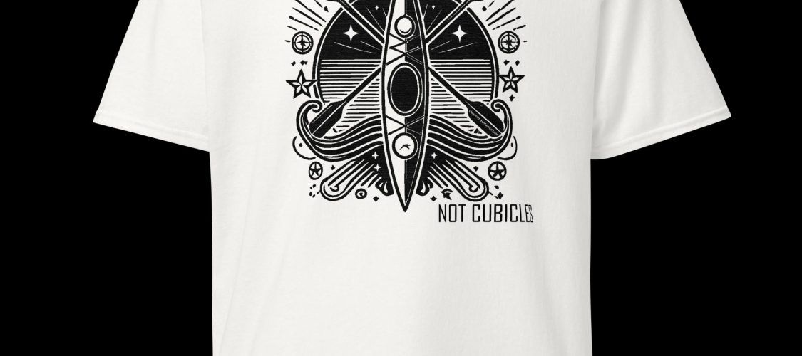 Clayton Mountain Co. - Clayton, GA - Kayaks, Not Cubicles T-Shirt - Bold Kayak Adventure Tee - Unisex Classic Tee White Front 