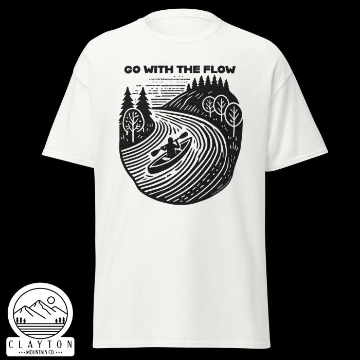 Clayton Mountain Co. - Clayton, GA - Go With The Flow T-Shirt - Kayak Adventure Tee - Unisex Classic Tee White Front 