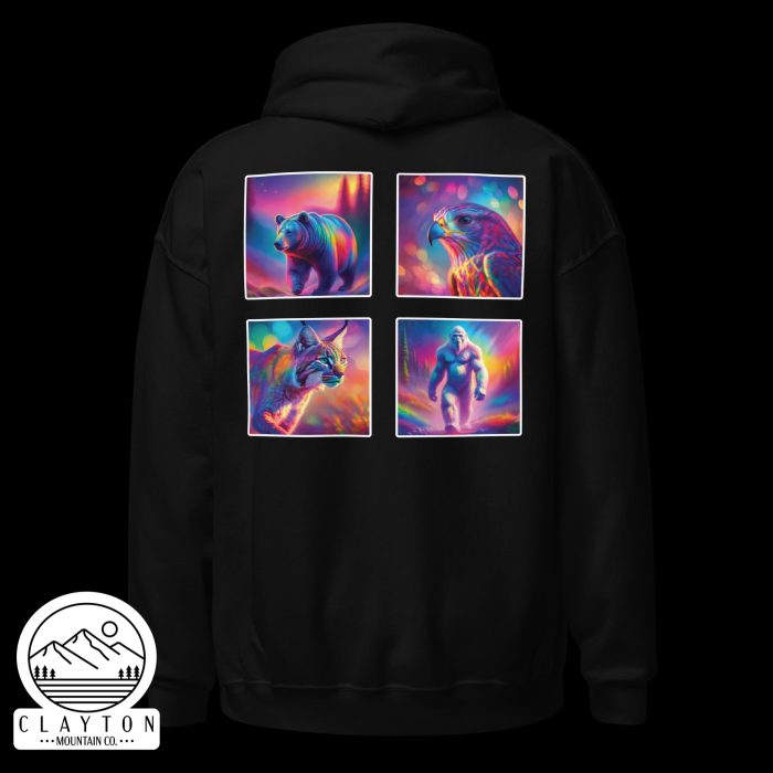 Clayton Mountain Co. - Clayton, GA - Wildlife Psychedelic Spirit Blended Hoodie | Vibrant North Georgia Design - Unisex Heavy Blend Hoodie Black Back 