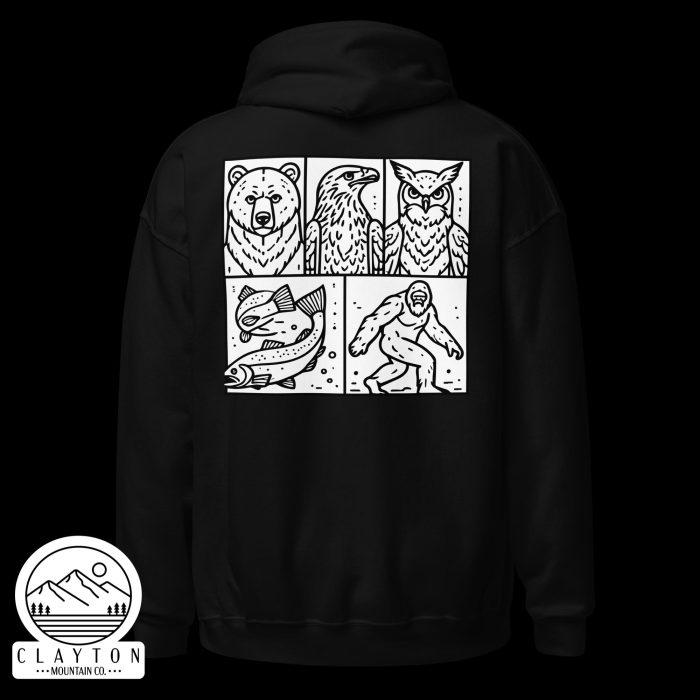 Clayton Mountain Co. - Clayton, GA - Wildlife & Mythology Blended Hoodie | North Georgia Adventure Design - Unisex Heavy Blend Hoodie Black Back 