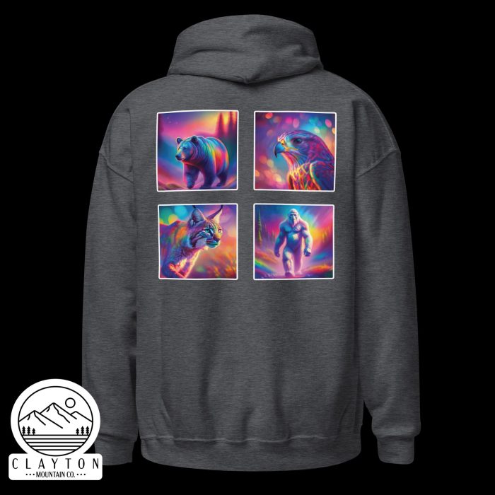 Clayton Mountain Co. - Clayton, GA - Wildlife Psychedelic Spirit Blended Hoodie | Vibrant North Georgia Design - Unisex Heavy Blend Hoodie Dark Heather Back 