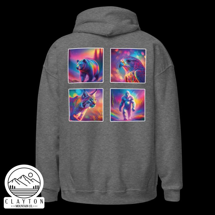 Clayton Mountain Co. - Clayton, GA - Wildlife Psychedelic Spirit Blended Hoodie | Vibrant North Georgia Design - Unisex Heavy Blend Hoodie Graphite Heather Back 