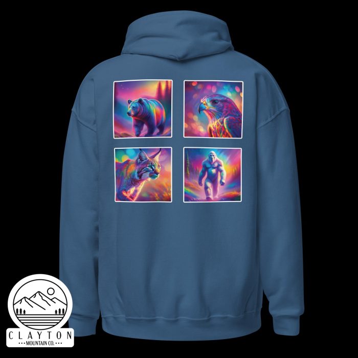 Clayton Mountain Co. - Clayton, GA - Wildlife Psychedelic Spirit Blended Hoodie | Vibrant North Georgia Design - Unisex Heavy Blend Hoodie Indigo Blue Back 