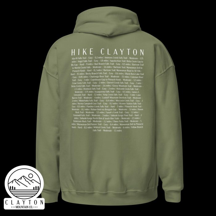 Clayton Mountain Co. - Clayton, GA - Northeast Georgia Hiking Trails Adventure Blended Hoodie - Unisex Heavy Blend Hoodie Military Green Back 