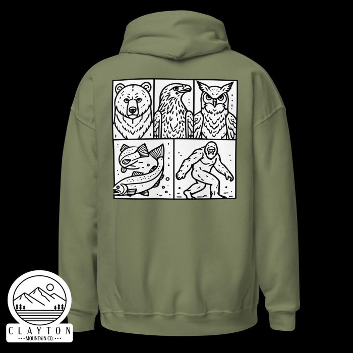 Clayton Mountain Co. - Clayton, GA - Wildlife & Mythology Blended Hoodie | North Georgia Adventure Design - Unisex Heavy Blend Hoodie Military Green Back 