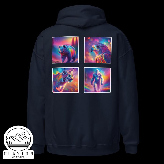 Clayton Mountain Co. - Clayton, GA - Wildlife Psychedelic Spirit Blended Hoodie | Vibrant North Georgia Design - Unisex Heavy Blend Hoodie Navy Back 