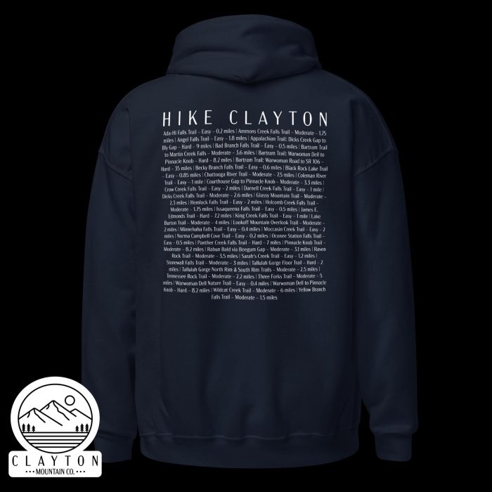 Clayton Mountain Co. - Clayton, GA - Northeast Georgia Hiking Trails Adventure Blended Hoodie - Unisex Heavy Blend Hoodie Navy Back 