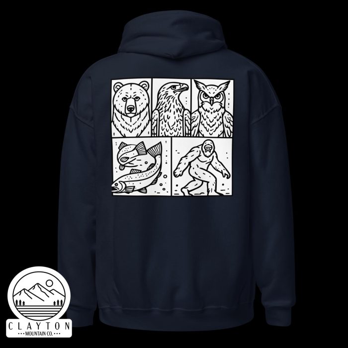 Clayton Mountain Co. - Clayton, GA - Wildlife & Mythology Blended Hoodie | North Georgia Adventure Design - Unisex Heavy Blend Hoodie Navy Back 