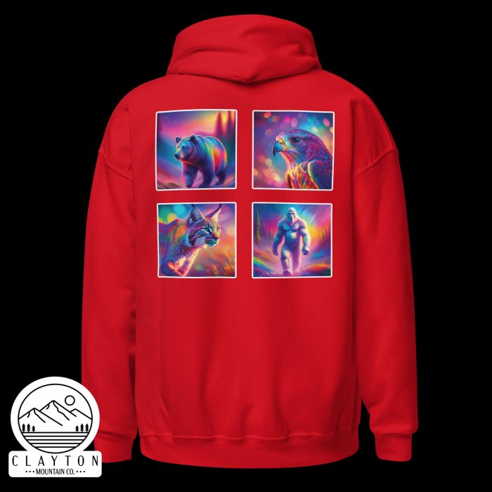 Clayton Mountain Co. - Clayton, GA - Wildlife Psychedelic Spirit Blended Hoodie | Vibrant North Georgia Design - Unisex Heavy Blend Hoodie Red Back 