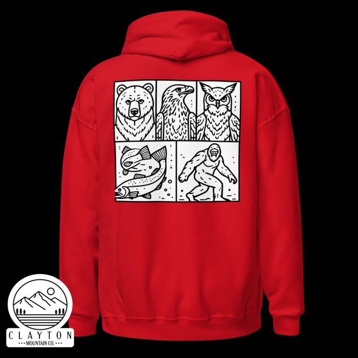 Clayton Mountain Co. - Clayton, GA - Wildlife & Mythology Blended Hoodie | North Georgia Adventure Design - Unisex Heavy Blend Hoodie Red Back 