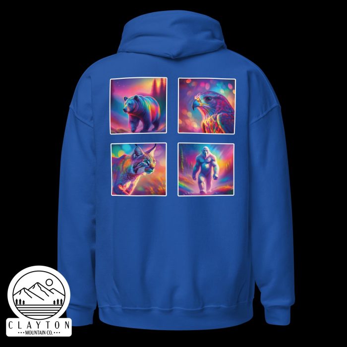 Clayton Mountain Co. - Clayton, GA - Wildlife Psychedelic Spirit Blended Hoodie | Vibrant North Georgia Design - Unisex Heavy Blend Hoodie Royal Back 